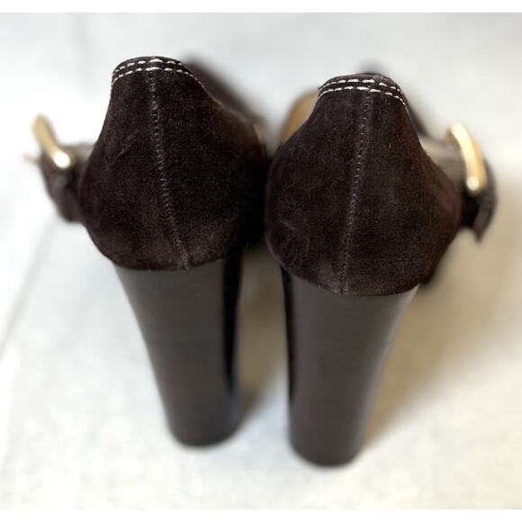 Michael Kors Annabelle T-Strap Brown Suede Platform Pump Heels Buckle Wmns 7M - Picture 4 of 7